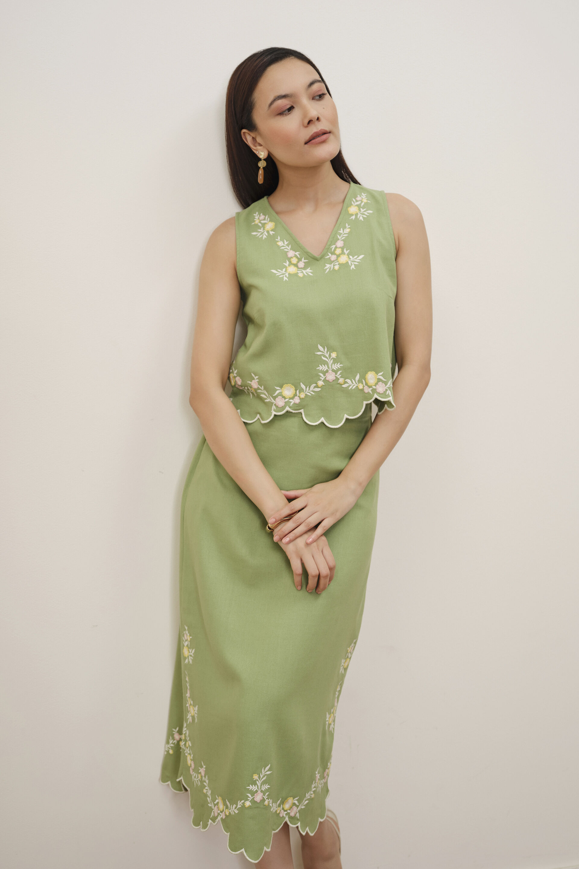 Lauryn Green Embroidered Skirt Set, Sage Green, image 1